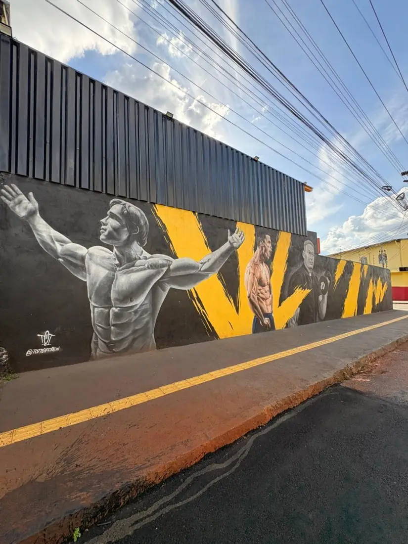 Mural do Arnold Schwarzenegger na fachada da academia VL Fitness